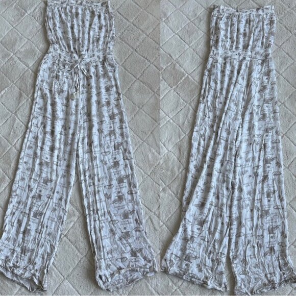 Aerie | Cream and Tan Palm Print Sleeveless Jumpsuit | Size Small - Picture 1 of 15
